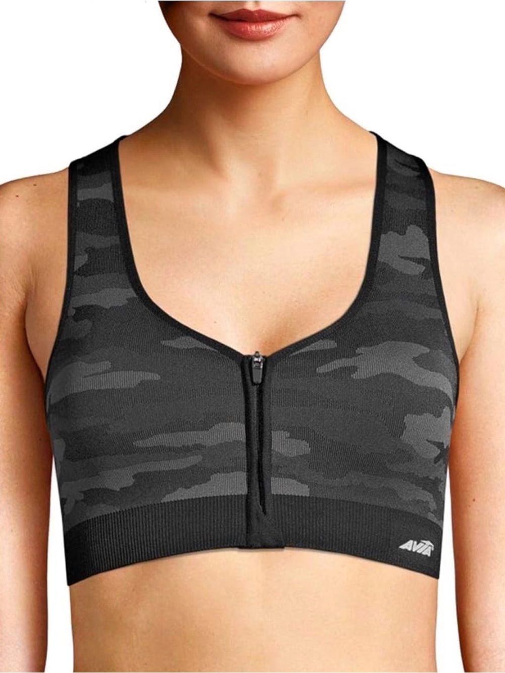 Avia Black & Gray Camo Front-Zip and Hook Racerback Sports Bra Small